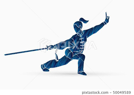 Woman with sword action, Kung Fu pose graphic  50049589