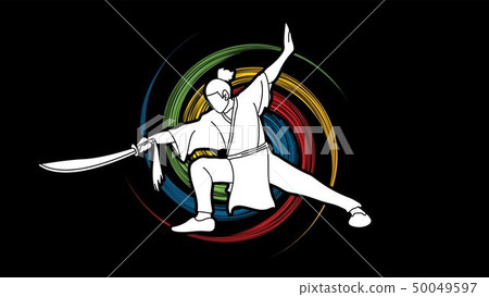 Man with sword action, Kung Fu pose graphic vector Man with sword action, Kung Fu pose graphic vector 50049597
