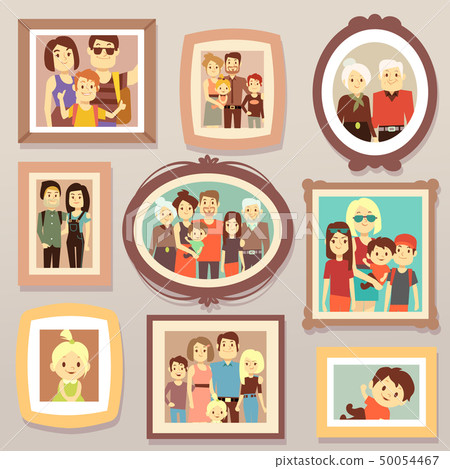 Big family smiling photo portraits in frames on wall vector illustration 50054467