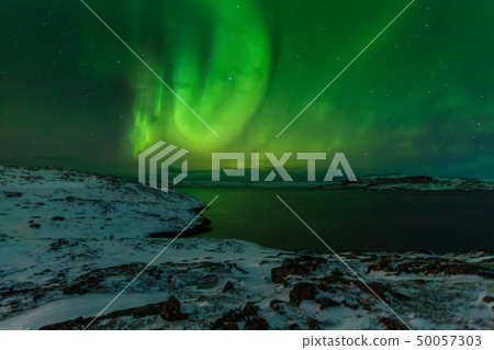 Northern Lights on the shore of the Arctic Ocean. Northern Lights on the shore of the Arctic Ocean. 50057303