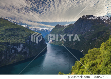 Breathtaking view of Sunnylvsfjorden fjord near Geiranger village in western Norway. 50057399
