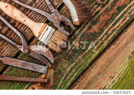 Old vintage hand tools on wooden background 50057625
