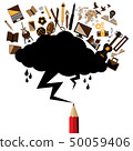 Black cloud and lightning drawing by red pencil 50059406