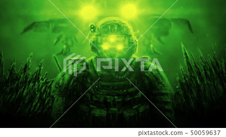 Soldier stands against backdrop of spaceship Soldier stands against backdrop of spaceship 50059637