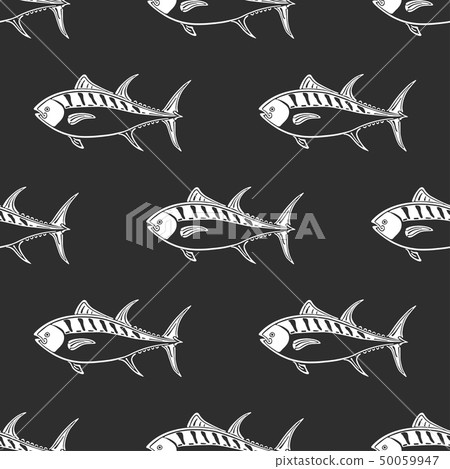 Fat tuna character abstract ink hand drawn vector seamless pattern. Simplified retro illustration Fat tuna character abstract ink hand drawn vector seamless pattern. Simplified retro illustration 50059947