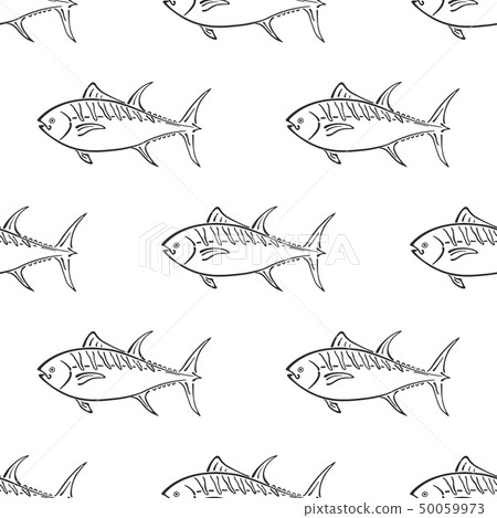 Fat tuna character abstract ink hand drawn vector seamless pattern. Simplified retro illustration Fat tuna character abstract ink hand drawn vector seamless pattern. Simplified retro illustration 50059973