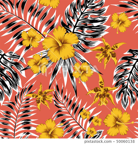 Black white tropical leaves yellow flowers red Black white tropical leaves yellow flowers red 50060138