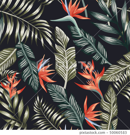 Palm leaves tropical flowers seamless black Palm leaves tropical flowers seamless black 50060583
