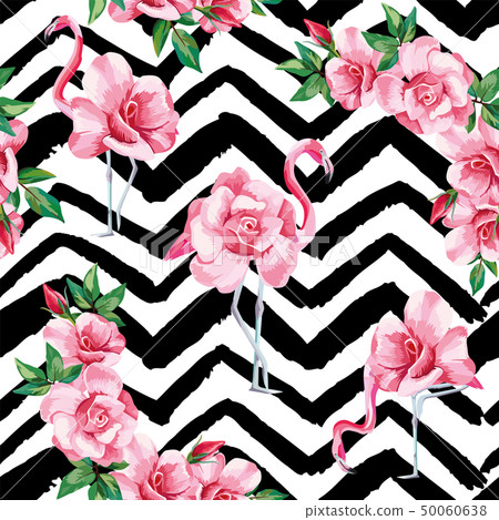 Flamingo roses seamless pattern black white zigzag 50060638