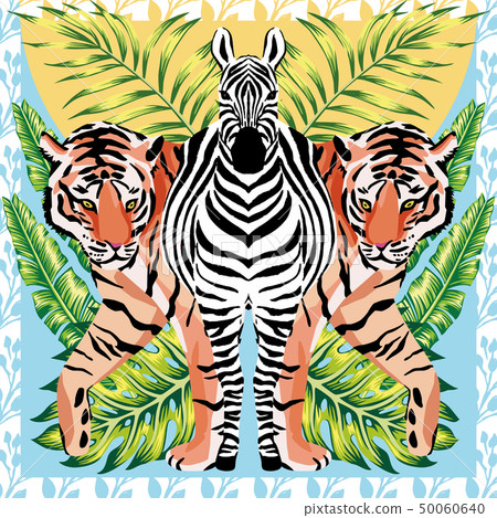 Zebra and tiger with tropical leaves, sun mirror 50060640