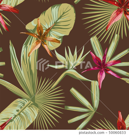 Seamless tropical leaves and flowers brown 50060833