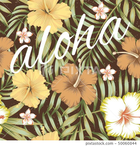 slogan aloha tropical leaves hibiscus brown 50060844