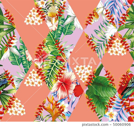 patchwork of tropical flowers and leaves 50060906