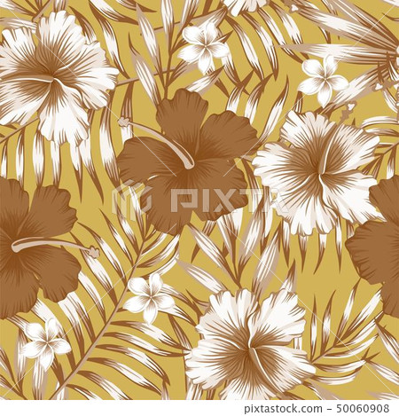 hibiscus brown palm leaves gold background pattern hibiscus brown palm leaves gold background pattern 50060908