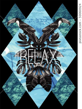 Relax slogan. watercolor toucan, graphic leaves Relax slogan. watercolor toucan, graphic leaves 50060924