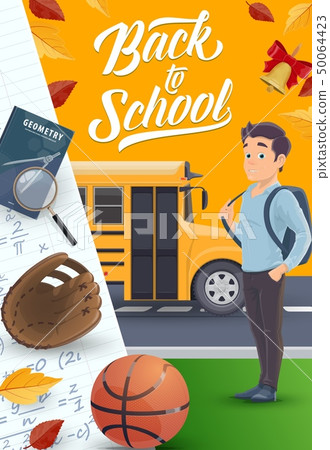 Student with backpack, school supplies near bus 50064423
