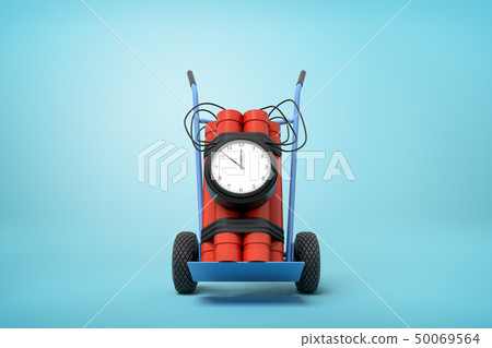 3d rendering of big dynamite bundle with time bomb on blue hand truck on light-blue background. 50069564