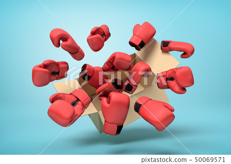 3d rendering of cardboard box in air full of red boxing gloves which are flying out and floating 3d rendering of cardboard box in air full of red boxing gloves which are flying out and floating 50069571