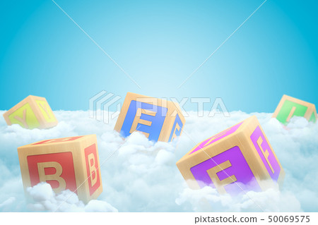 3d close-up rendering of several ABC blocks on thick layer of white fluffy clouds with blue sky 50069575