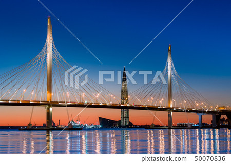 Neva river delta and sunset on the horizon 50070836