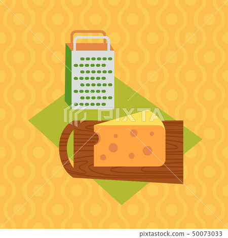 Cartoon cheese slice and grater on textured tablecloth 50073033