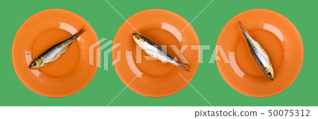 Collage. Cold smoked sprat on an orange plate Collage. Cold smoked sprat on an orange plate 50075312
