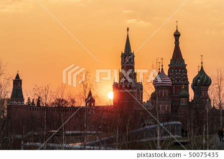 Moscow Kremlin and St Basil's Cathedral at sunset, Russia. 50075435