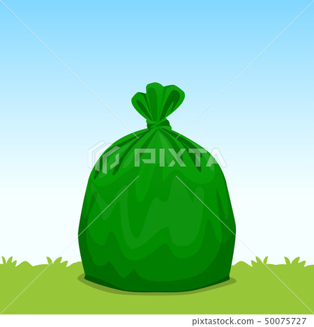 green bag plastic garbage on grass sky background green bag plastic garbage on grass sky background 50075727
