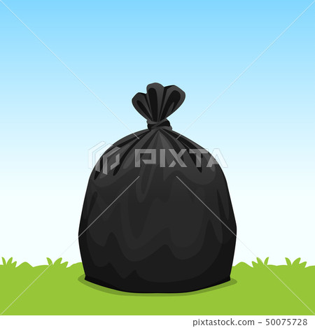 black bag plastic garbage on grass sky background black bag plastic garbage on grass sky background 50075728