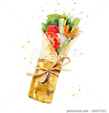 The Doner kebab - shawarma isolated on a white background. Wrap with Lettuce, Tomato, cucumber 50077031