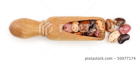 variegated kidney bean in wooden spoon isolated on white background. Top view. Flat lay 50077174