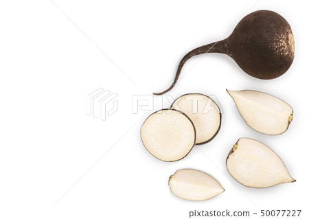 Black radish with slices isolated on white background with copy space for your text. Top view. Flat Black radish with slices isolated on white background with copy space for your text. Top view. Flat 50077227