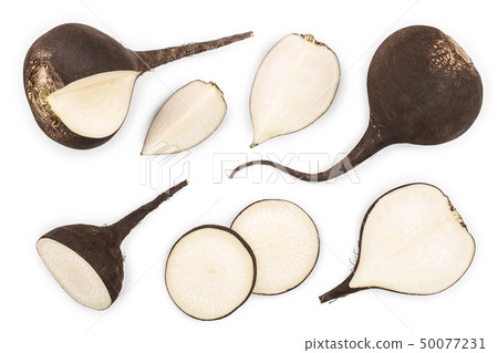 Black radish with slices isolated on white background. Top view. Flat lay Black radish with slices isolated on white background. Top view. Flat lay 50077231