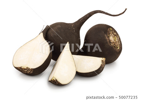 Black radish with slices isolated on white background Black radish with slices isolated on white background 50077235