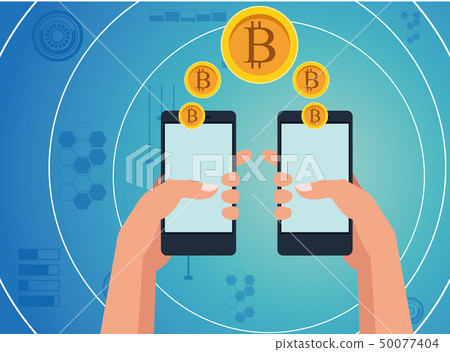 hand holding cellphone with cryptocurrency 50077404