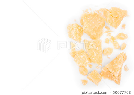 Parmesan cheese pieces isolated on white background with copy space for your text. Closeup. Top view 50077708