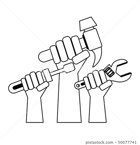 Hands holding various tools in black and white - Stock Illustration ...