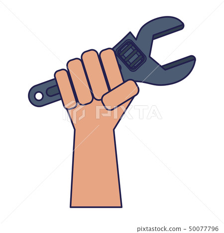 Hand holding tool monkey wrench blue lines Hand holding tool monkey wrench blue lines 50077796