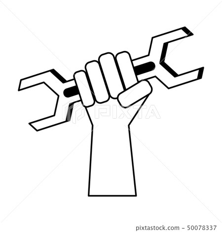 Hand holding wrench construction and repair in black and white Hand holding wrench construction and repair in black and white 50078337