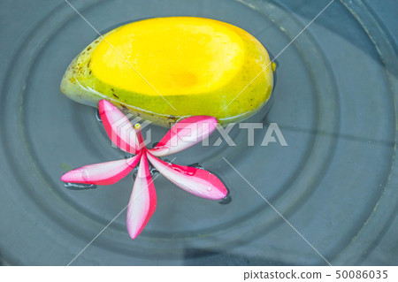 Plumeria flower,cut of ripe mango, with the water Plumeria flower,cut of ripe mango, with the water 50086035
