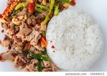 Close up stir fried minced chicken and basil Close up stir fried minced chicken and basil 50089815
