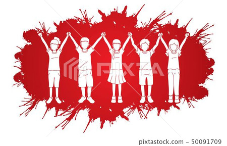 Group of children holding hands cartoon graphic Group of children holding hands cartoon graphic 50091709