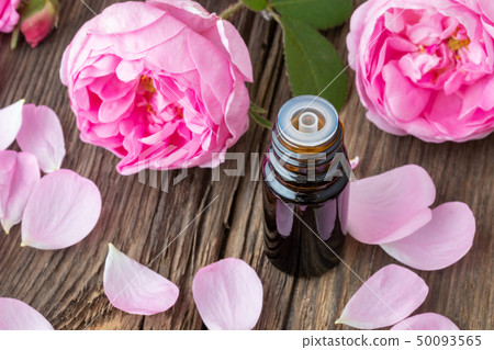 A bottle of essential oil with fresh roses 50093565