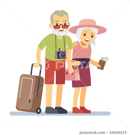 Old people travelers on holiday. Smiling grandparents on vacation. Happy elderly veteran traveling 50094015