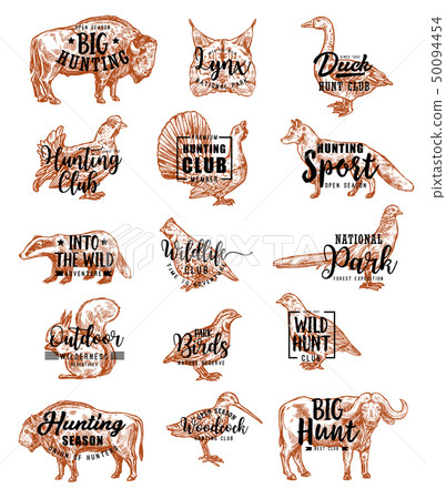 Hunt open season animals and birds lettering icons - Stock Illustration ...