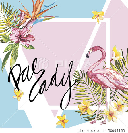 Banner, poster with flamingo, palm leaves, jungle leaf. Beautiful floral tropical summer background. 50095163