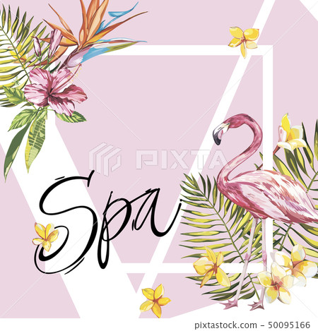 Banner, poster with flamingo, palm leaves, jungle leaf. Beautiful floral tropical summer background. Banner, poster with flamingo, palm leaves, jungle leaf. Beautiful floral tropical summer background. 50095166