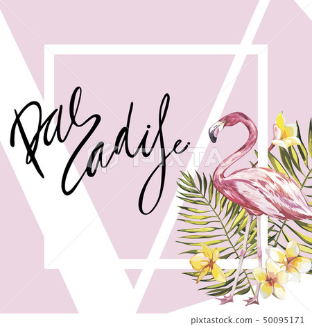 Banner, poster with flamingo, palm leaves, jungle leaf. Beautiful floral tropical summer background. 50095171