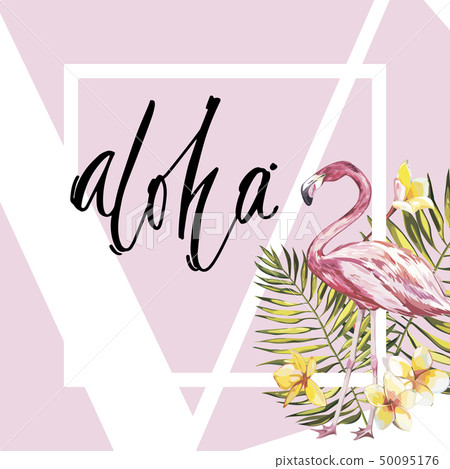 Banner, poster with flamingo, palm leaves, jungle leaf. Beautiful floral tropical summer background. Banner, poster with flamingo, palm leaves, jungle leaf. Beautiful floral tropical summer background. 50095176