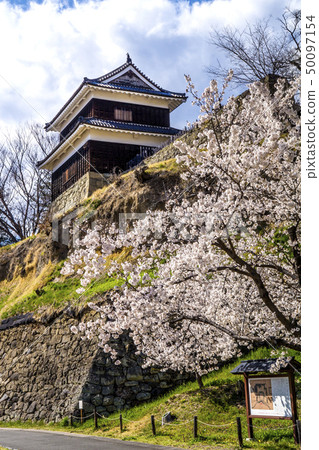 Shinshu从长野县上田市的上田城堡角的基地看到的樱花和nishikasa 图库照片